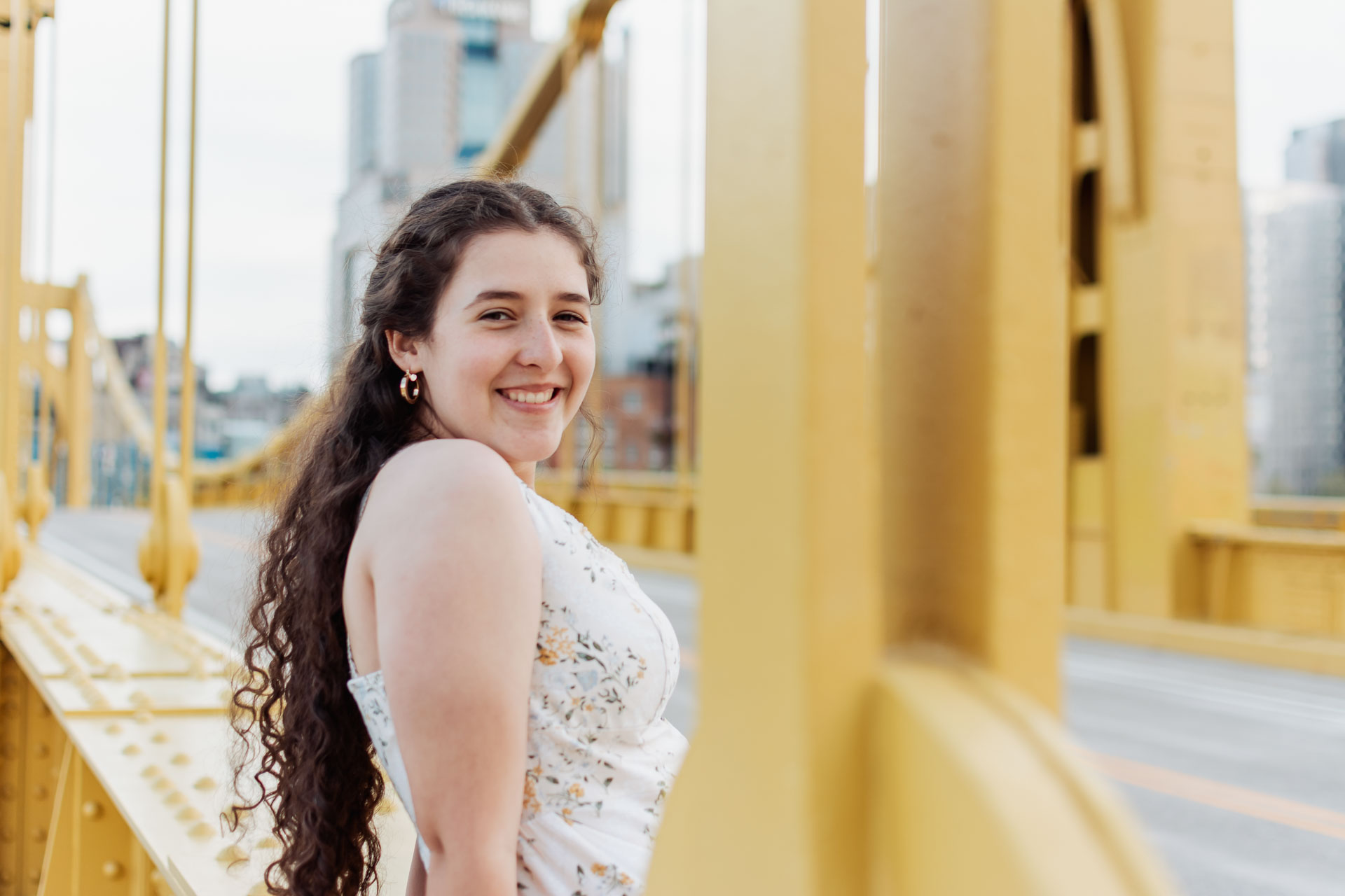 Senior portrait at the iconic Roberto Clemente Bridge in Pittsburgh